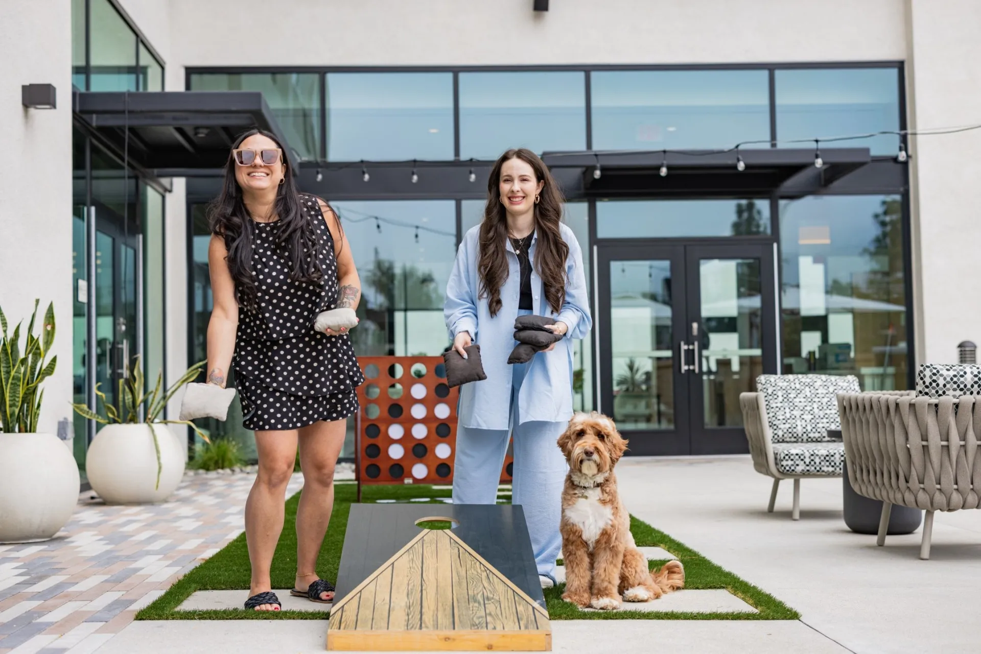 Playing Corn Hole at Cambria Hotel Burbank Airport
