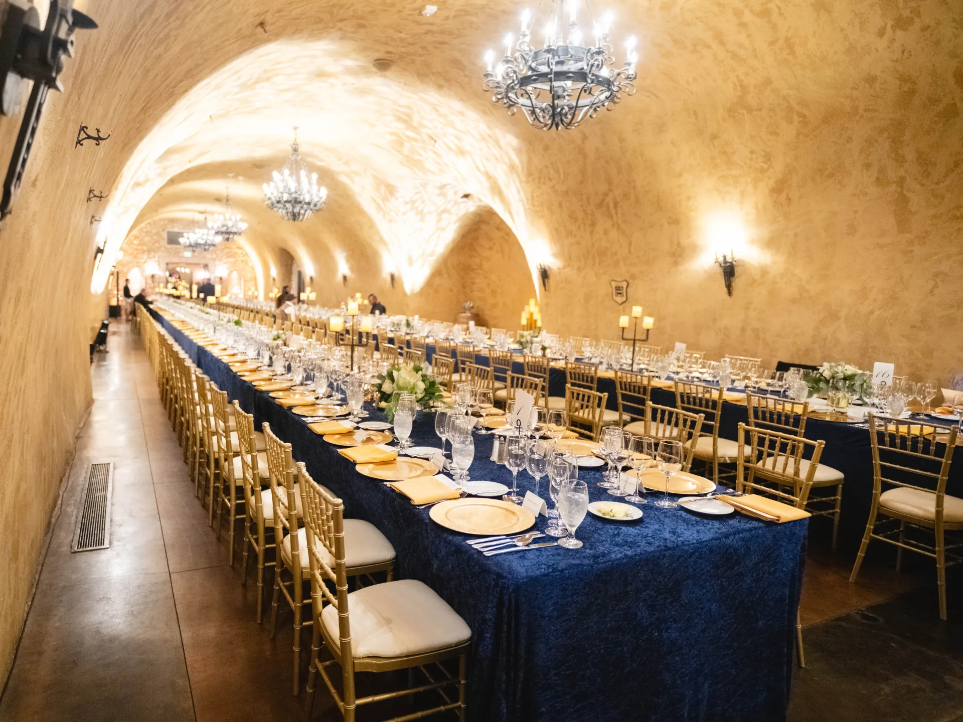 Rental Furniture – Napa Party: Custom Tablecloth, Chivari Chairs, Tables, Dinner Ware