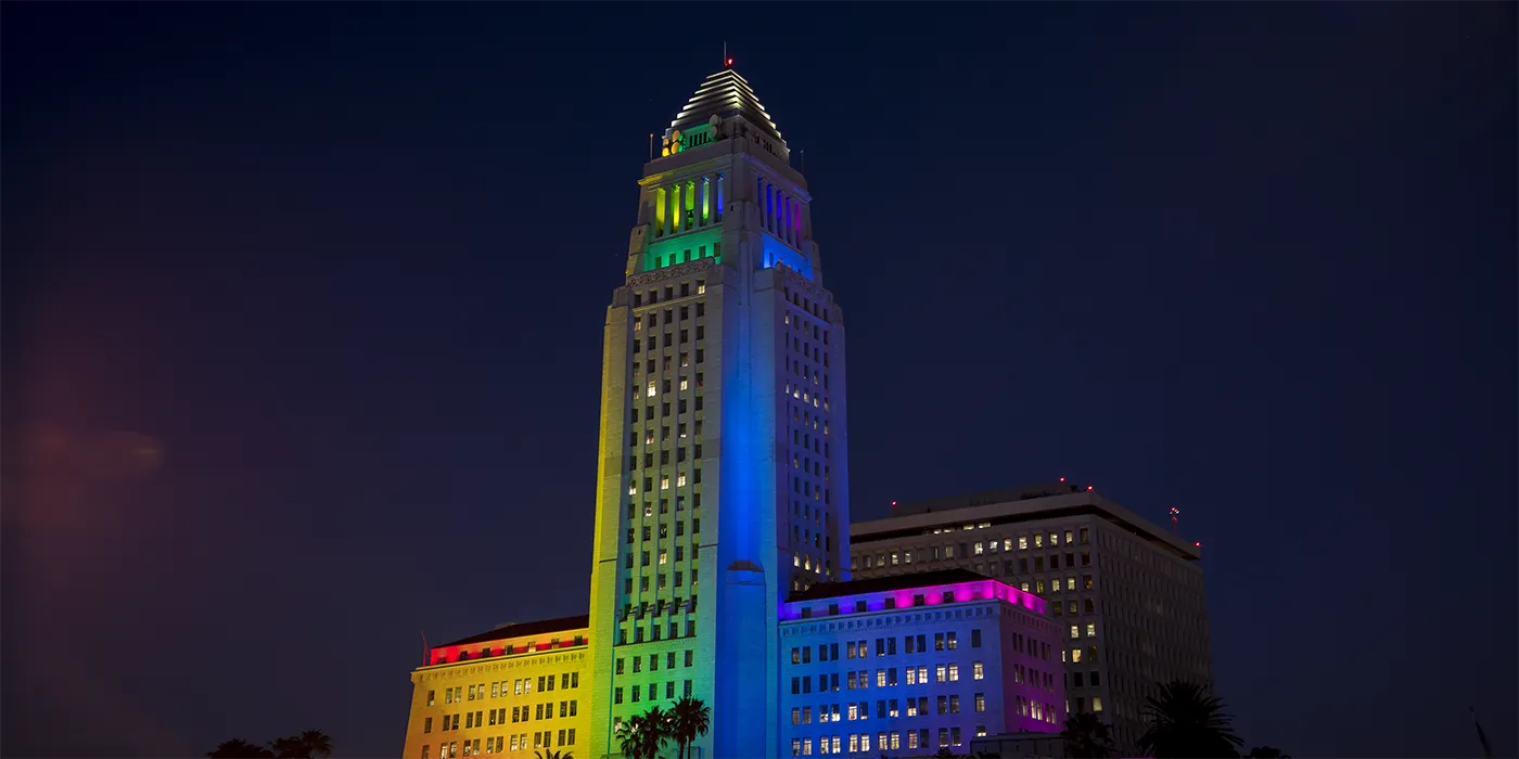 Los Angeles City Hall Pride Flag at night