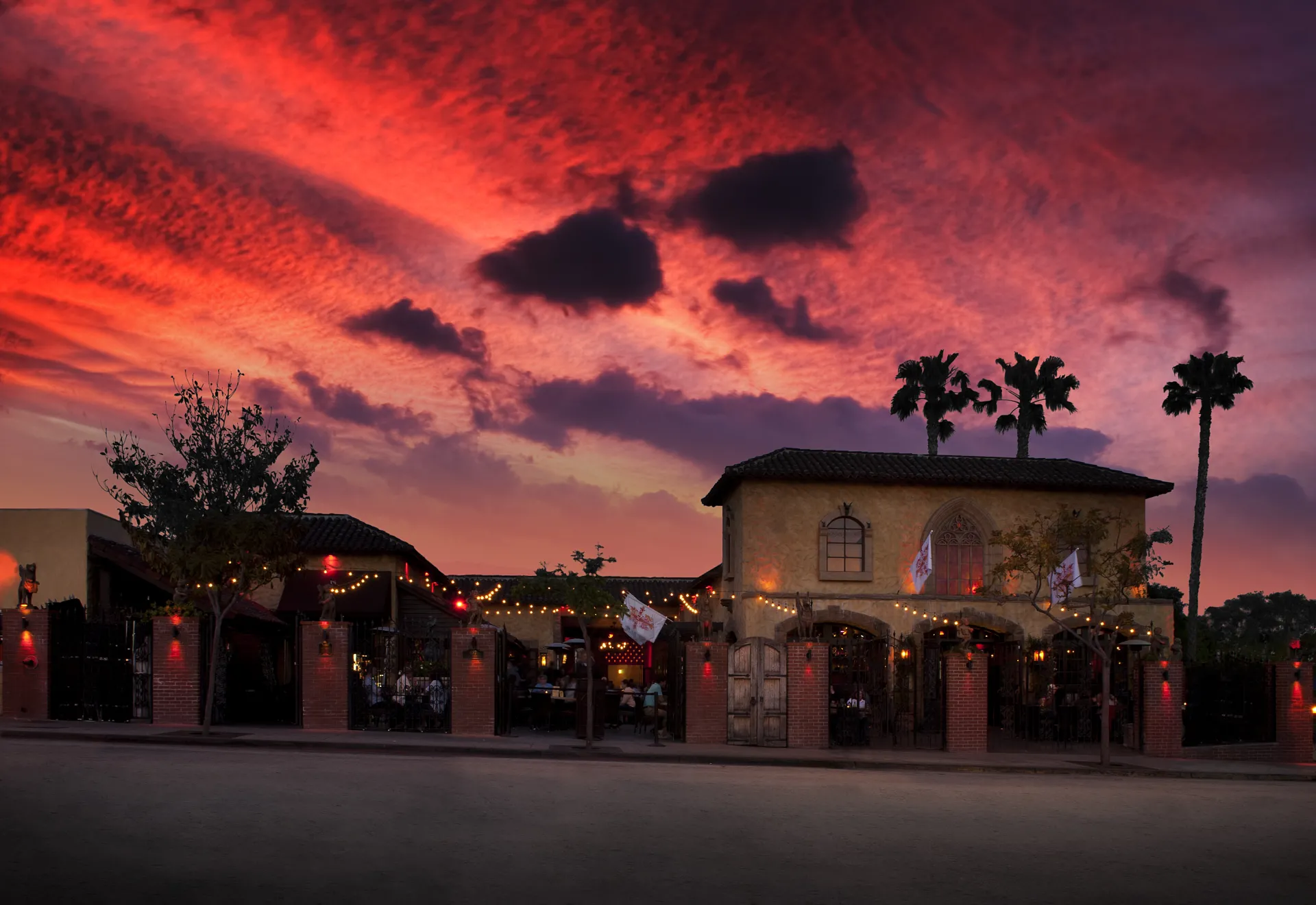 The Abbey Food & Bar exterior sunset