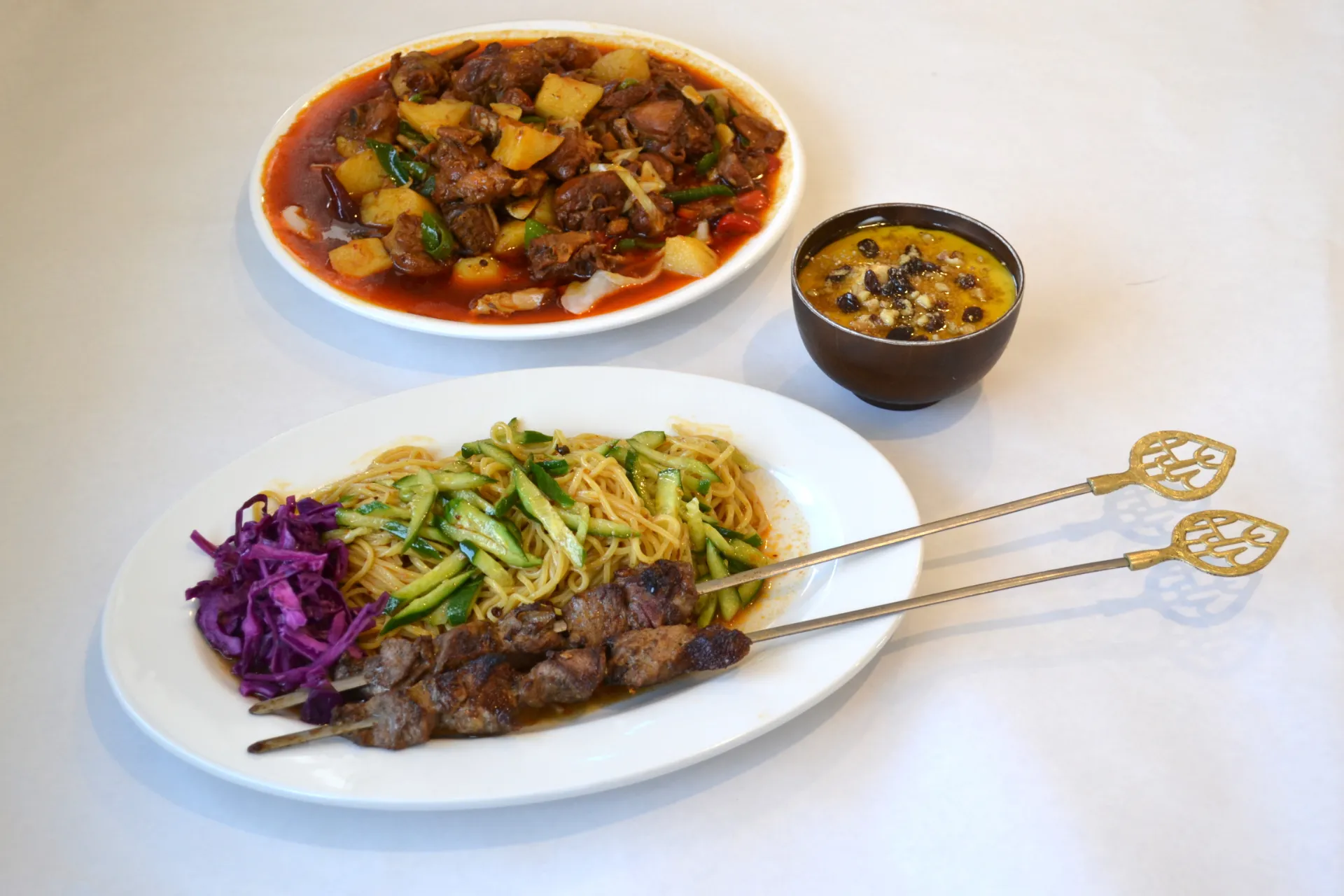 Kebab Noodle, Big Plate Chicken and house yogurt at Dolan’s Uyghur Cuisine in Alhambra