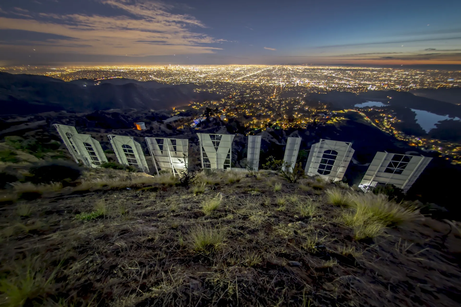 View from behind the Hollywood Sign at night