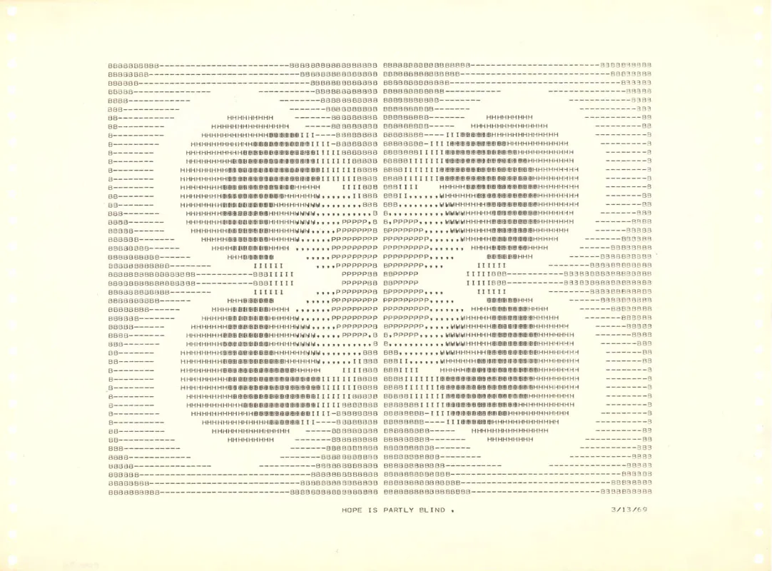 Frederick Hammersley, Hope is Partly Blind, March 13, 1969. Ink on paper, 11 in. x 14 7/8 in. (27.94 cm x 37.78 cm). Pomona College Collection, Gift of Karl and Beverly Benjamin, P2010.7.6