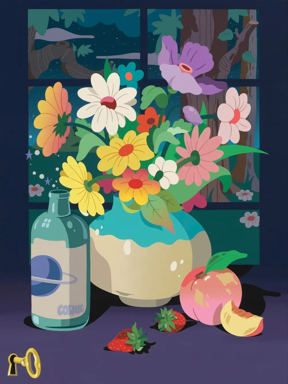 DABSMYLA, Miracles Happen Every Day, 2024. artwork featuring a vase of flowers, fruit, a key, and a bottle in front of a window