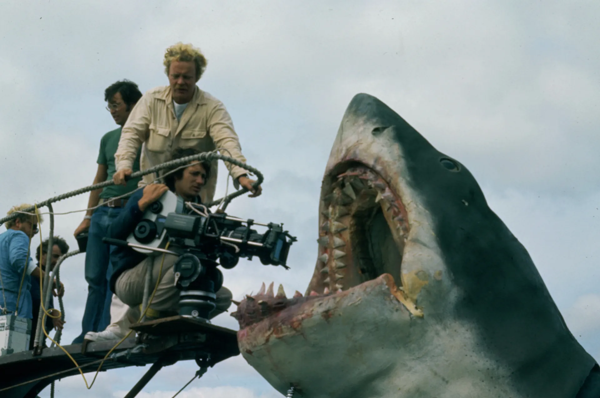 Steven Spielberg filming "Bruce the Shark" during production of "Jaws"