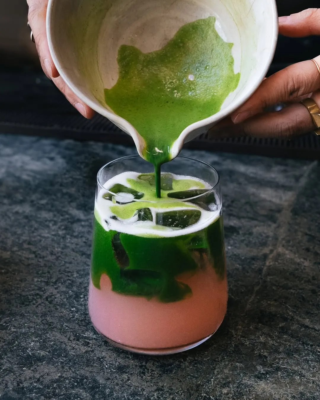 Shiso White Peach Matcha Soda at Kettl in Los Feliz