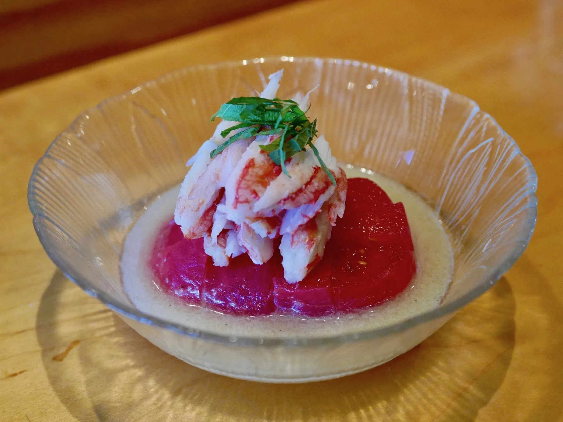 Momotaro Tomato with Alaskan snow crab at Asanebo